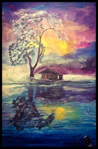 a painting of a house on a lake with a tree in the background