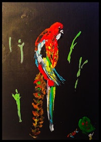 a painting of a colorful parrot sitting on a branch