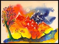 a watercolor painting of mountains and trees
