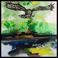 a watercolor painting of an owl flying over a lake
